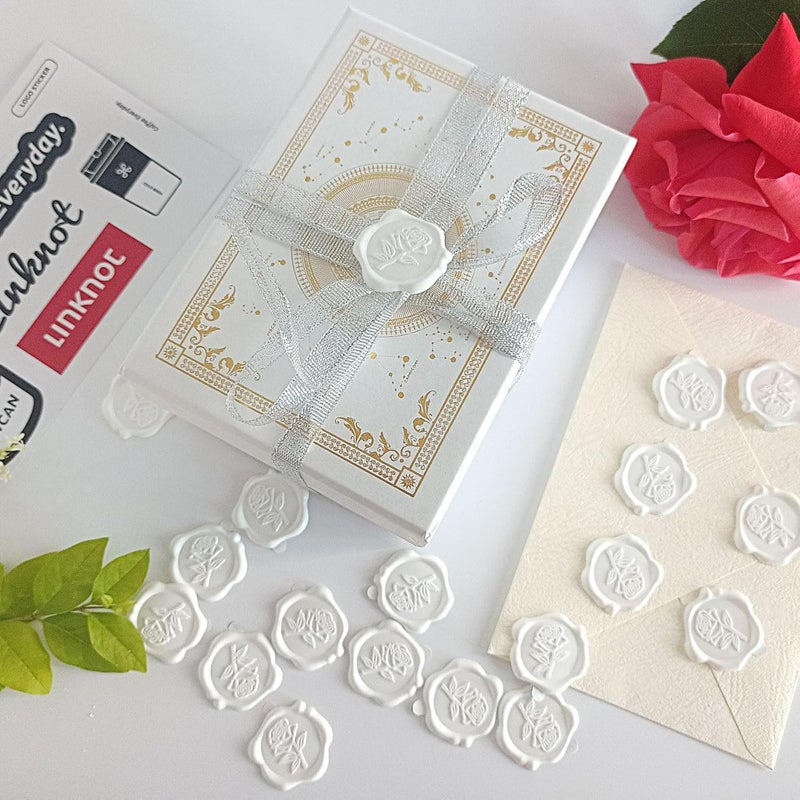 Pilloze 50 Pcs Adhesive White Rose Wax Seal Stickers, Roses Seal for Envelope, Easy to Use and Good Adhesion White Envelope Stickers, Wedding Invitation Accessories - Image 4